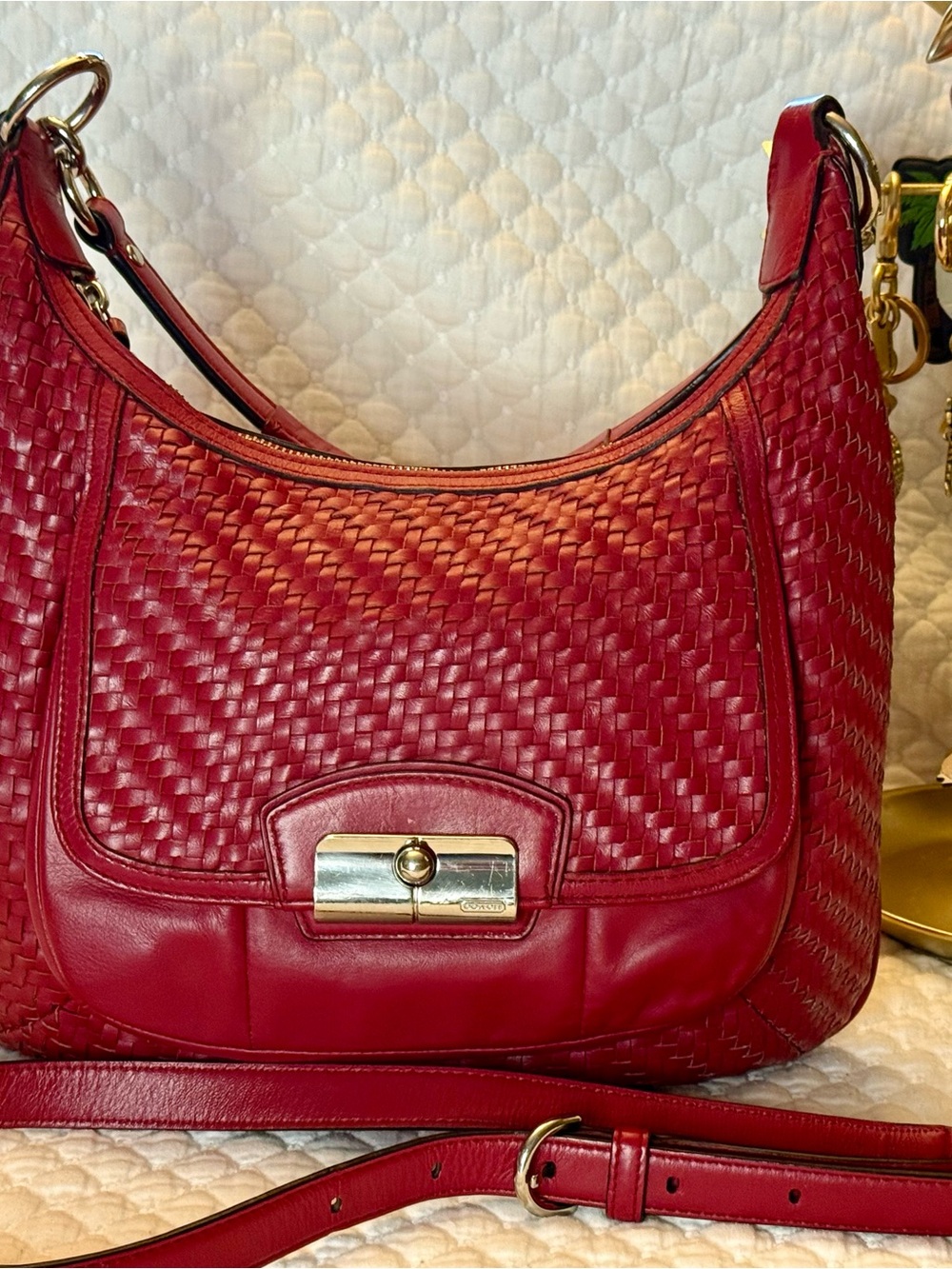 Coach Red Woven Leather Kristin Shoulder Bag with Silver Hardware